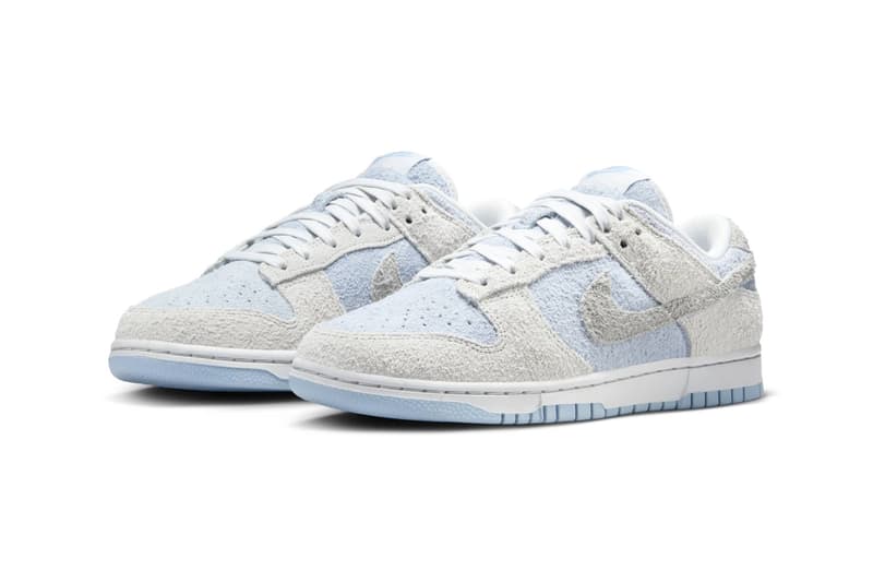 Official Look At the Nike Dunk Low "Photon Dust/Light Armory Blue" suede fuzzy textured swoosh low top sneaker FZ3779-025 Photon Dust/Light Smoke Grey-Light Armory Blue