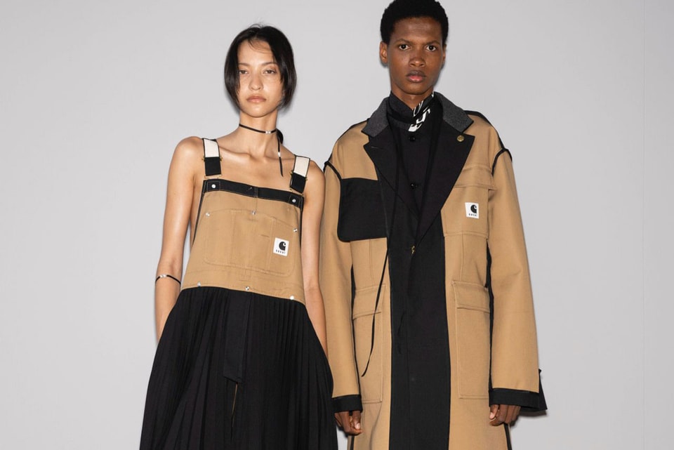 sacai x carhartt apron flared pleated overall dress SACAI x Carhartt Apron Flared Pleated Overall Dress