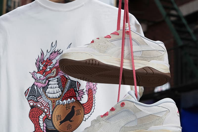 STAPLE and PUMA Join Forces for a Celebratory "Year of the Dragon" Collection collaboration lunar new year lion dance club new york city chinese fremasons athletic club cfmac sneakers granola alpine snow puma black suede sweatpants hoodie tshirt