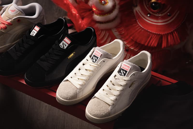 STAPLE and PUMA Join Forces for a Celebratory "Year of the Dragon" Collection collaboration lunar new year lion dance club new york city chinese fremasons athletic club cfmac sneakers granola alpine snow puma black suede sweatpants hoodie tshirt
