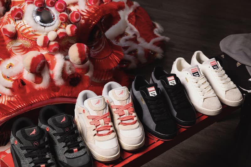 STAPLE and PUMA Join Forces for a Celebratory "Year of the Dragon" Collection collaboration lunar new year lion dance club new york city chinese fremasons athletic club cfmac sneakers granola alpine snow puma black suede sweatpants hoodie tshirt