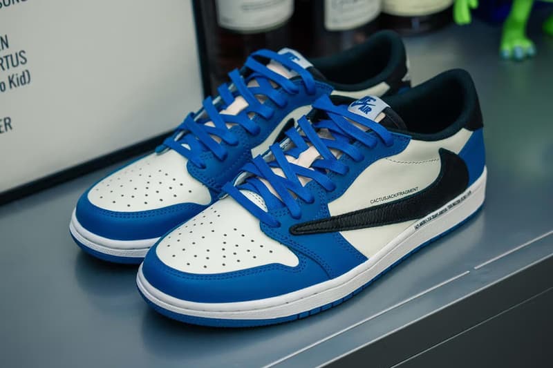 travis scott fragment design hiroshi fujiwara air michael jordan brand 1 low sample black blue white official release date info photos price store list buying guide