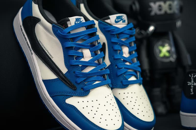 travis scott fragment design hiroshi fujiwara air michael jordan brand 1 low sample black blue white official release date info photos price store list buying guide