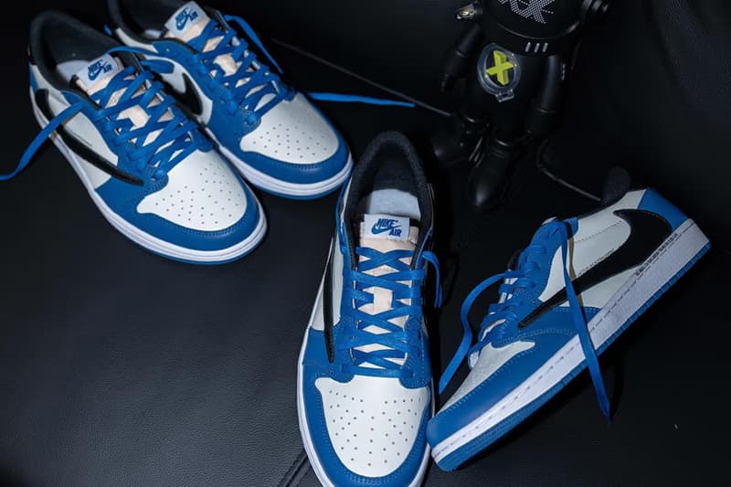 travis scott fragment design hiroshi fujiwara air michael jordan brand 1 low sample black blue white official release date info photos price store list buying guide