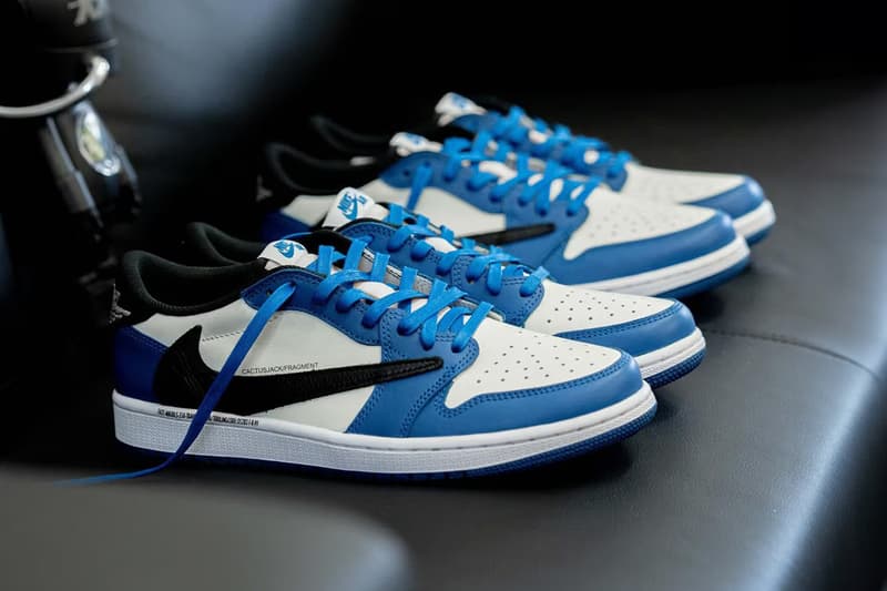 travis scott fragment design hiroshi fujiwara air michael jordan brand 1 low sample black blue white official release date info photos price store list buying guide