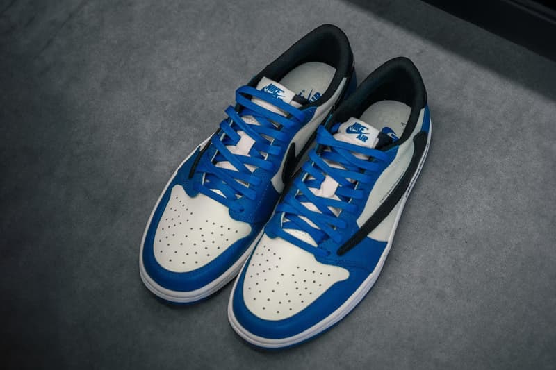 travis scott fragment design hiroshi fujiwara air michael jordan brand 1 low sample black blue white official release date info photos price store list buying guide