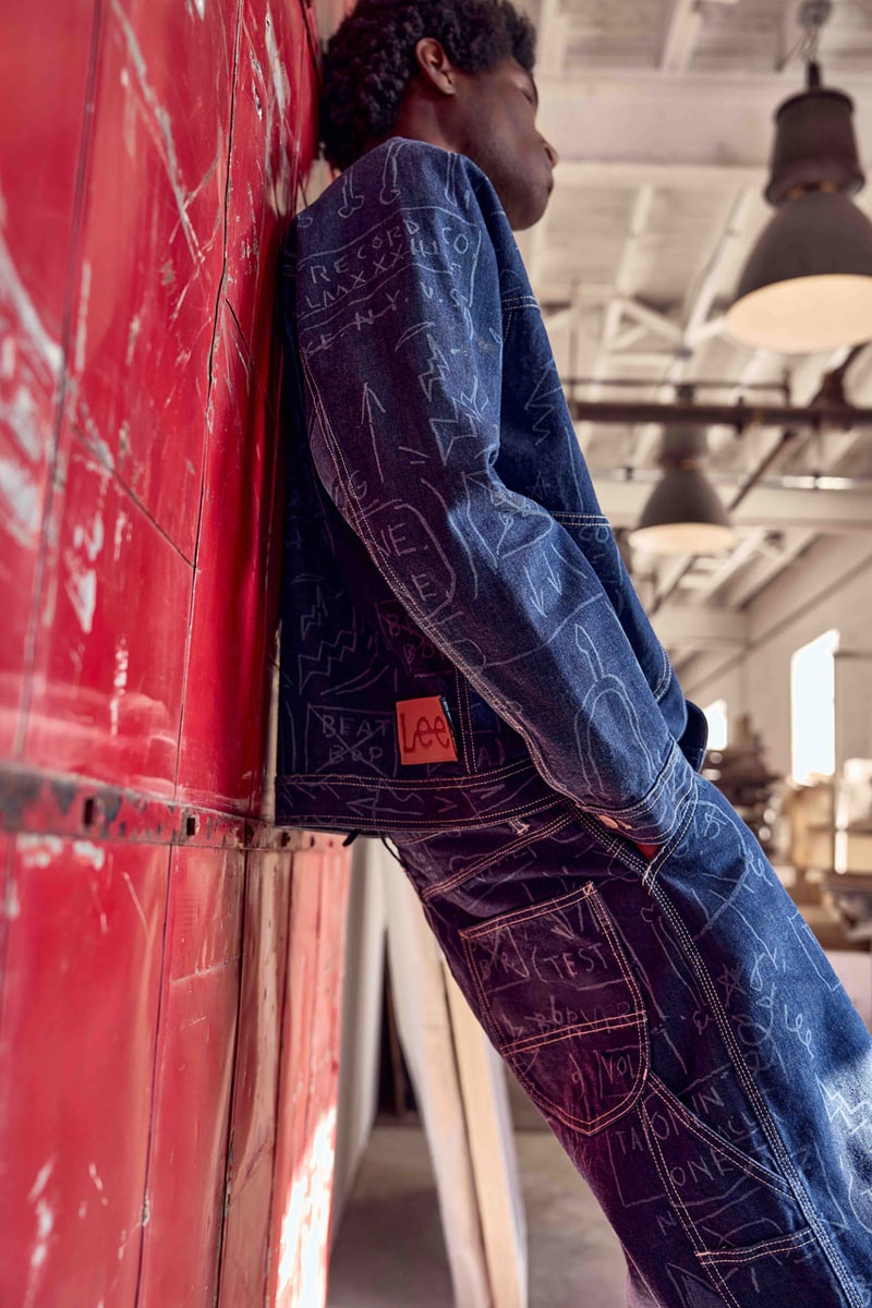 Lee Dips Signature Denim Silhouettes in Basquiat's Artwork collab release link jean price drop jean michel