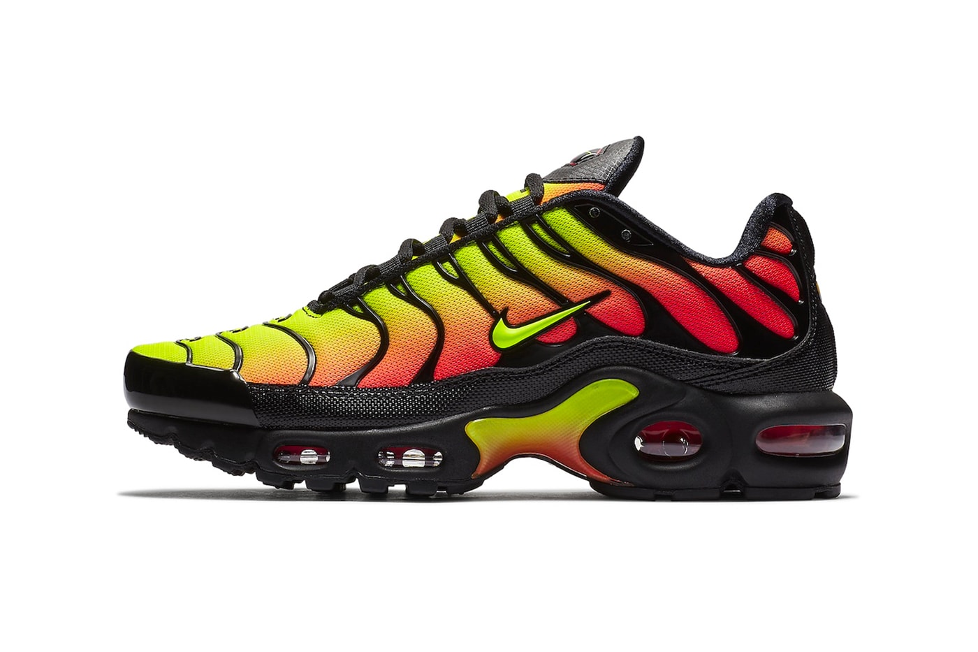 Nike Air Max Plus "Volt/Solar Red" Slated To Return Late This Year AQ9979-001 black volt solar red swoosh technical shoe vibrant neon