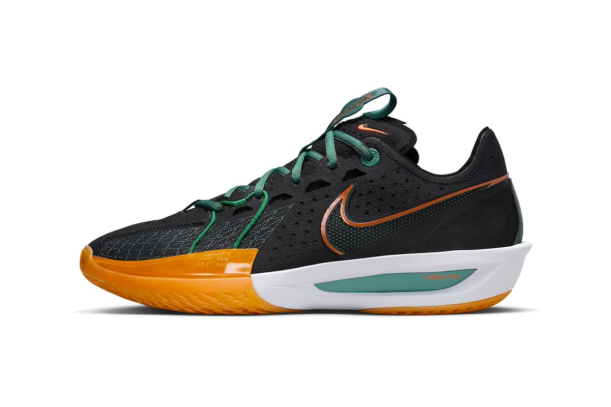 Official Look at the Nike GT Cut 3 "Miami Hurricanes" DV2913-001 black orange green spring 2024 court shoes swoosh 