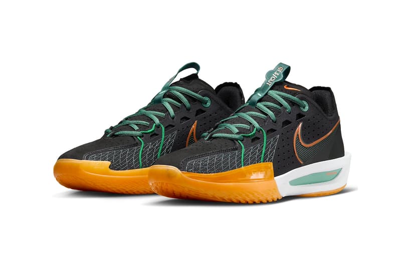 Official Look at the Nike GT Cut 3 "Miami Hurricanes" DV2913-001 black orange green spring 2024 court shoes swoosh 