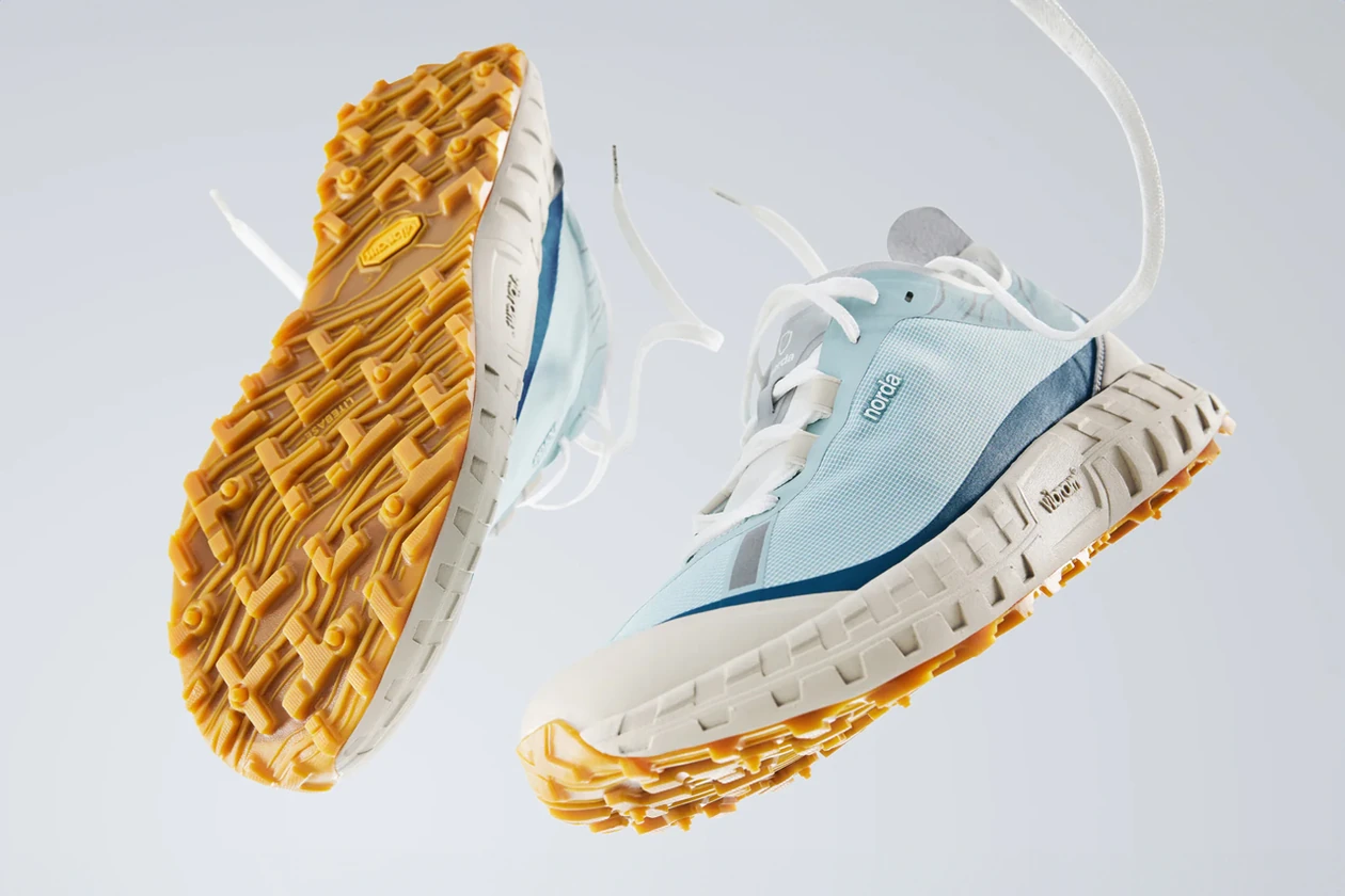 norda 001 trail running sneaker ether blue white gum color scheme dyneema vibram official release date info photos price store list buying guide