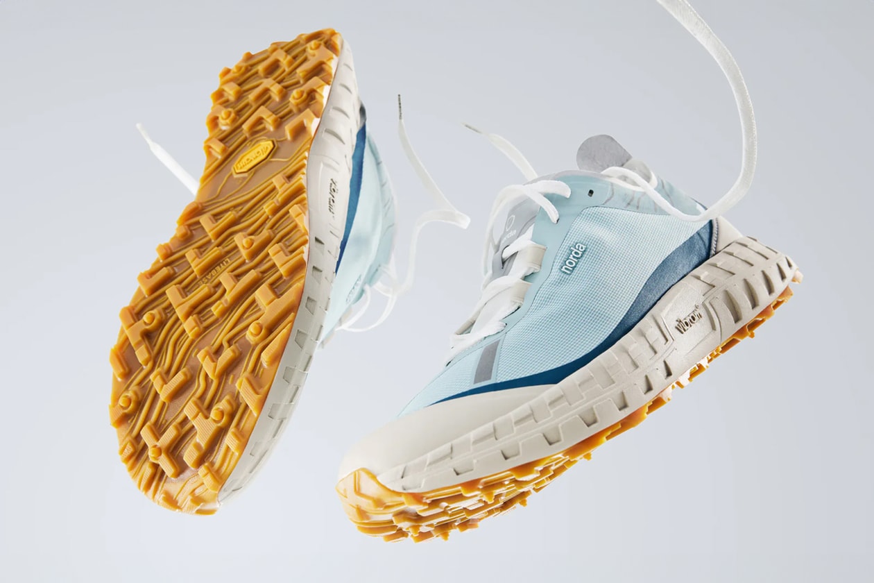 norda 001 trail running sneaker ether blue white gum color scheme dyneema vibram official release date info photos price store list buying guide