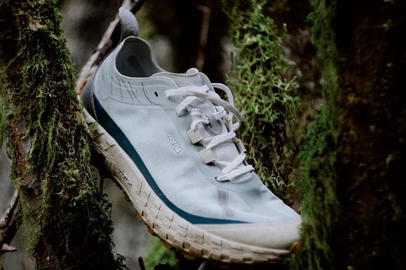 norda 001 trail running sneaker ether blue white gum color scheme dyneema vibram official release date info photos price store list buying guide