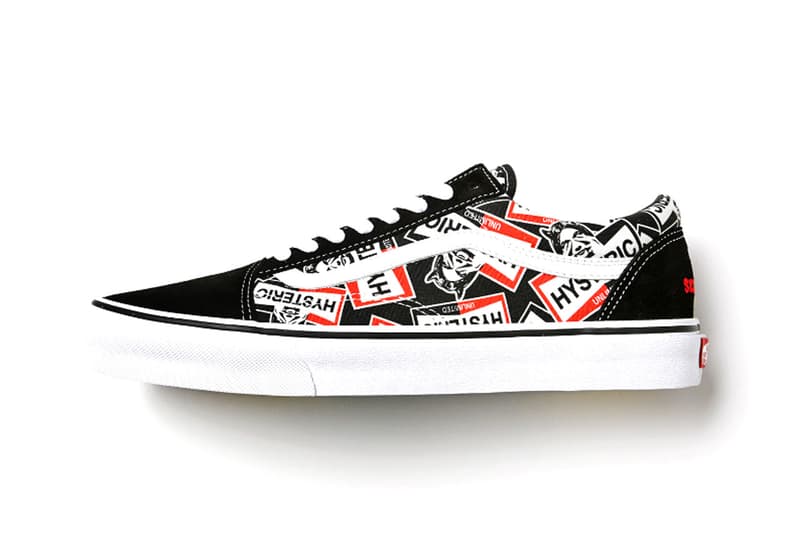 Vans x HYSTERIC GLAMOUR Old Skool Is an Ode to Car Culture upper panel logo drop price release japan website safari lounge laces black white sole outsole label branding blue red midsole see no evil heel