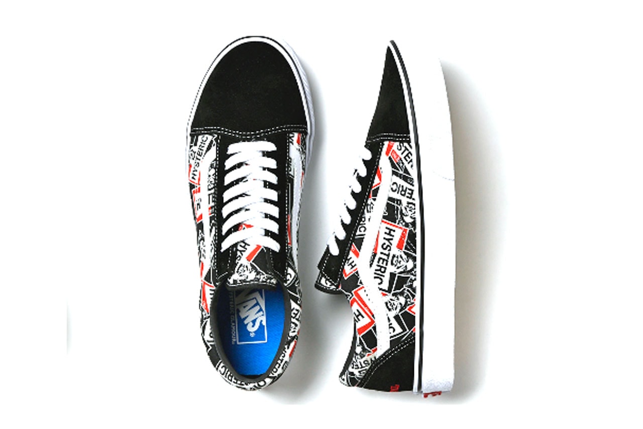Vans x HYSTERIC GLAMOUR Old Skool Is an Ode to Car Culture upper panel logo drop price release japan website safari lounge laces black white sole outsole label branding blue red midsole see no evil heel