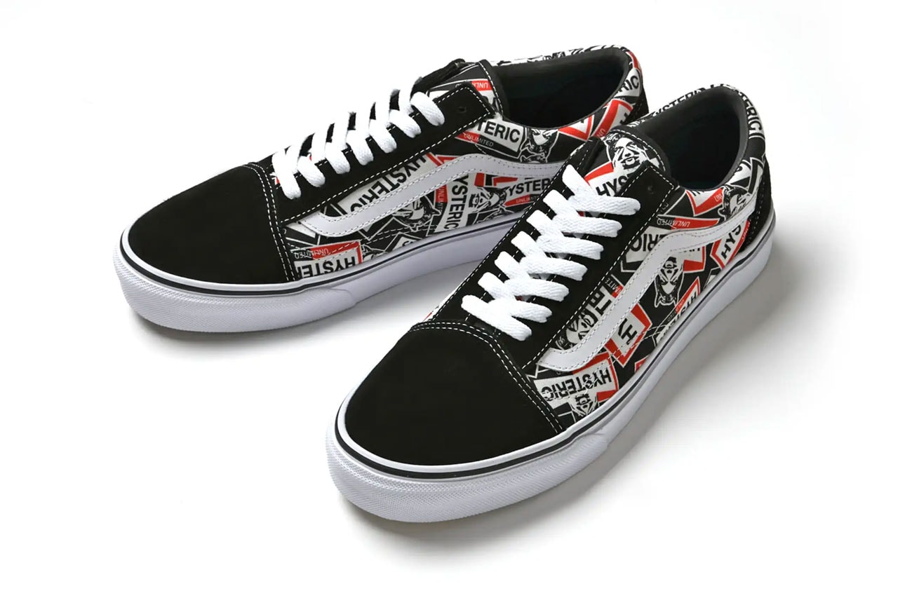 Vans x HYSTERIC GLAMOUR Old Skool Is an Ode to Car Culture upper panel logo drop price release japan website safari lounge laces black white sole outsole label branding blue red midsole see no evil heel