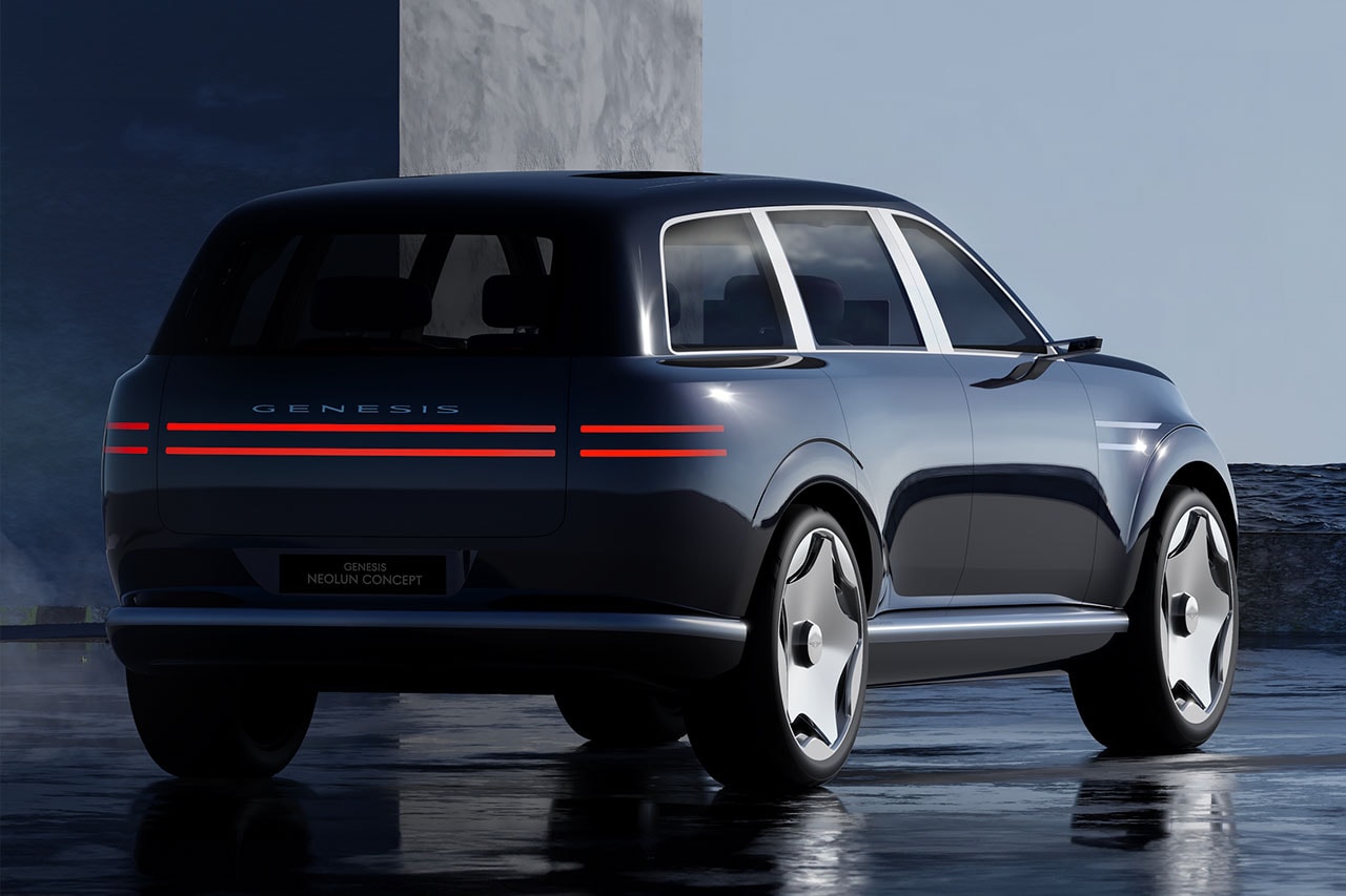 Genesis Neolun Concept rear three-quarter view highlighting the smooth bodywork and full-width LED light bar