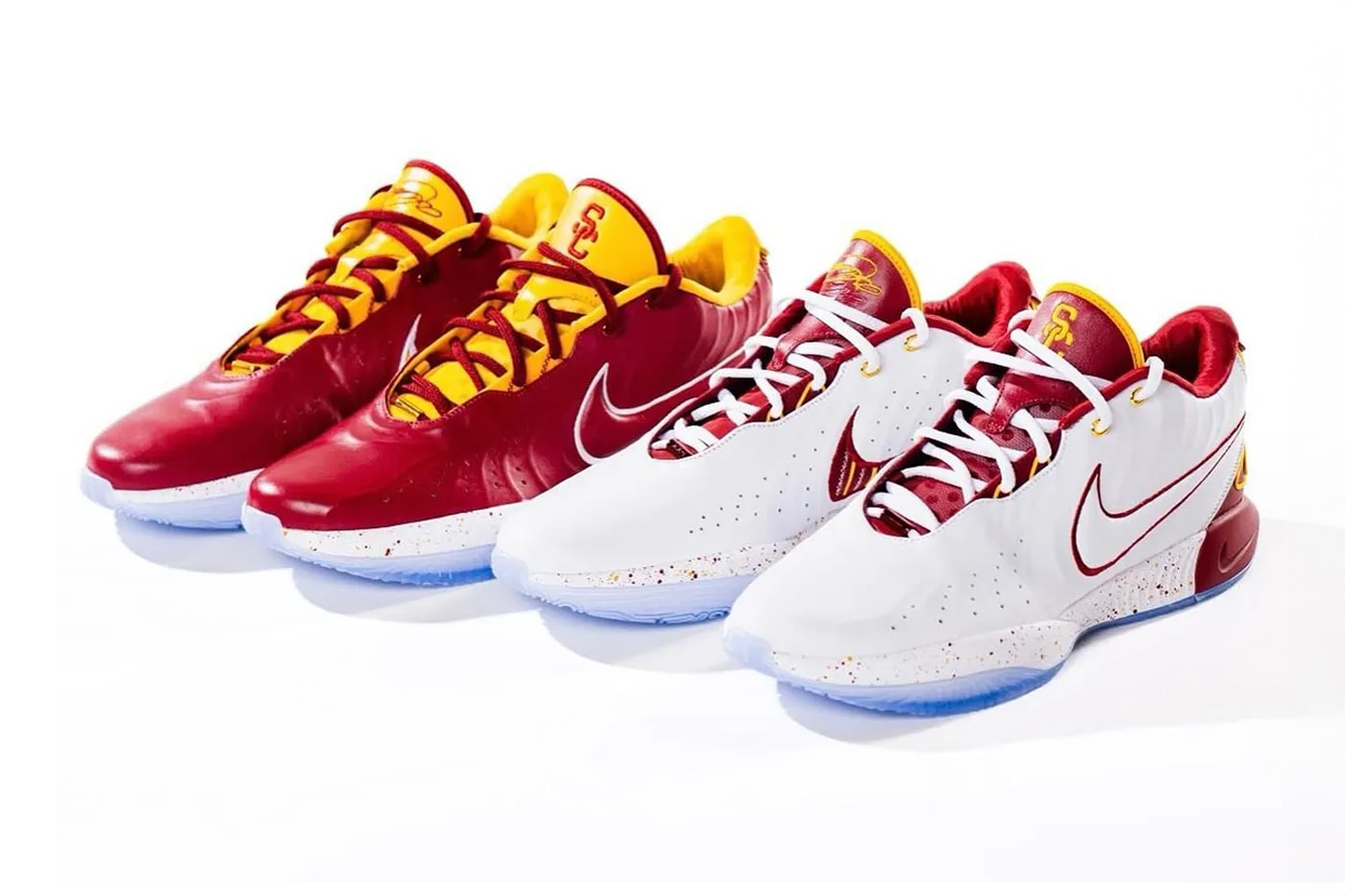Bronny's USC Basketball Team Receives Two Custom Pairs of Nike LeBron 21 PEs lebron james king james beats red white gold yellow trojans university of southern california swoosh usc hoops