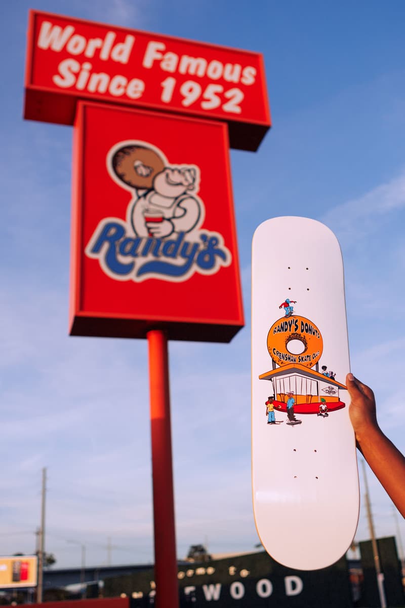 Crenshaw Skate Club Links Up With Los Angeles Landmark, Randy's Donuts collab capsule collection shop price tee skateboard deck graphic design la tobey mcintosh founder