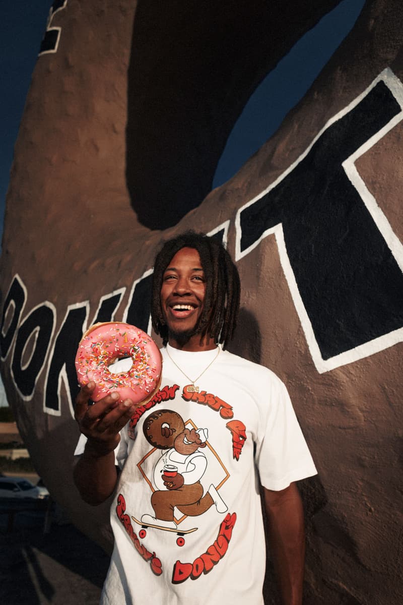 Crenshaw Skate Club Links Up With Los Angeles Landmark, Randy's Donuts collab capsule collection shop price tee skateboard deck graphic design la tobey mcintosh founder