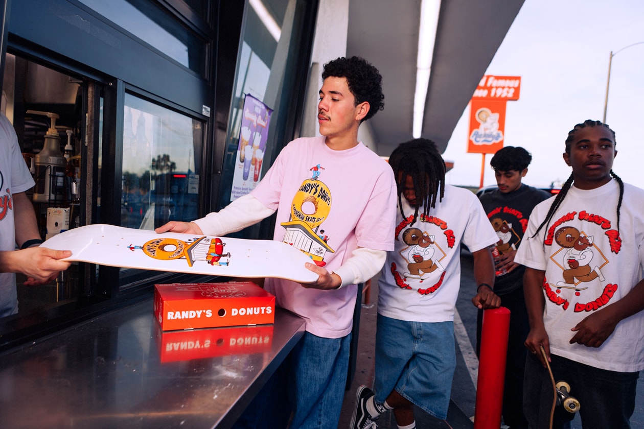 Crenshaw Skate Club Links Up With Los Angeles Landmark, Randy's Donuts collab capsule collection shop price tee skateboard deck graphic design la tobey mcintosh founder