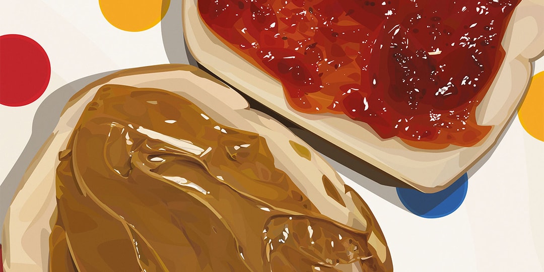 Detail of a Growing Up work, a peanut butter and jelly sandwich on a dotted cloth