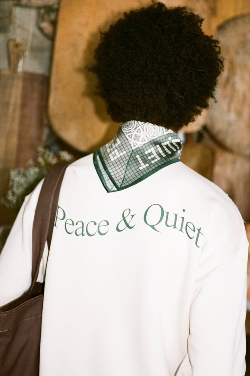 Museum of Peace & Quiet Prioritizes Wellness in First SS24 Drop collection capsule spring summer 2024 release link delivery price website hbx and hoodie crewneck sweatpants graphic mind body loungewear sleep set tracksuit green blue peace candle home goods ashtray tote bag