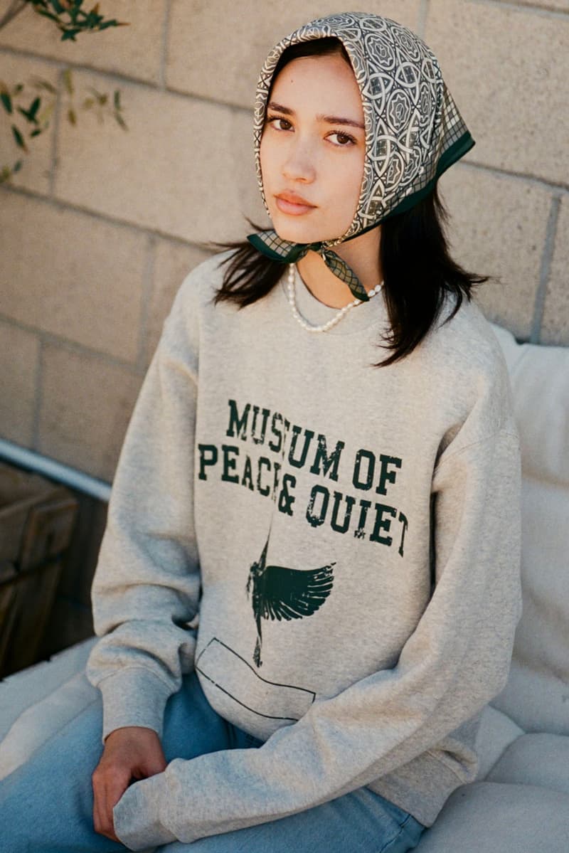 Museum of Peace & Quiet Prioritizes Wellness in First SS24 Drop collection capsule spring summer 2024 release link delivery price website hbx and hoodie crewneck sweatpants graphic mind body loungewear sleep set tracksuit green blue peace candle home goods ashtray tote bag