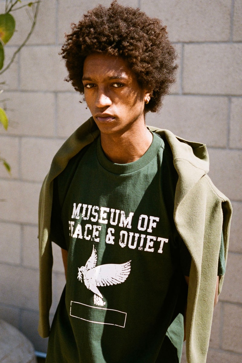 Museum of Peace & Quiet Prioritizes Wellness in First SS24 Drop collection capsule spring summer 2024 release link delivery price website hbx and hoodie crewneck sweatpants graphic mind body loungewear sleep set tracksuit green blue peace candle home goods ashtray tote bag
