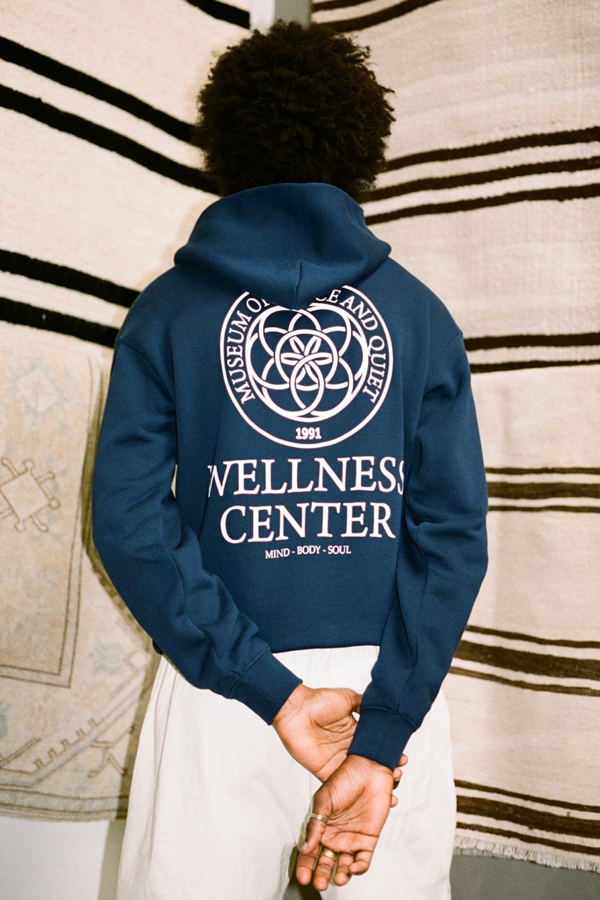Museum of Peace & Quiet Prioritizes Wellness in First SS24 Drop collection capsule spring summer 2024 release link delivery price website hbx and hoodie crewneck sweatpants graphic mind body loungewear sleep set tracksuit green blue peace candle home goods ashtray tote bag