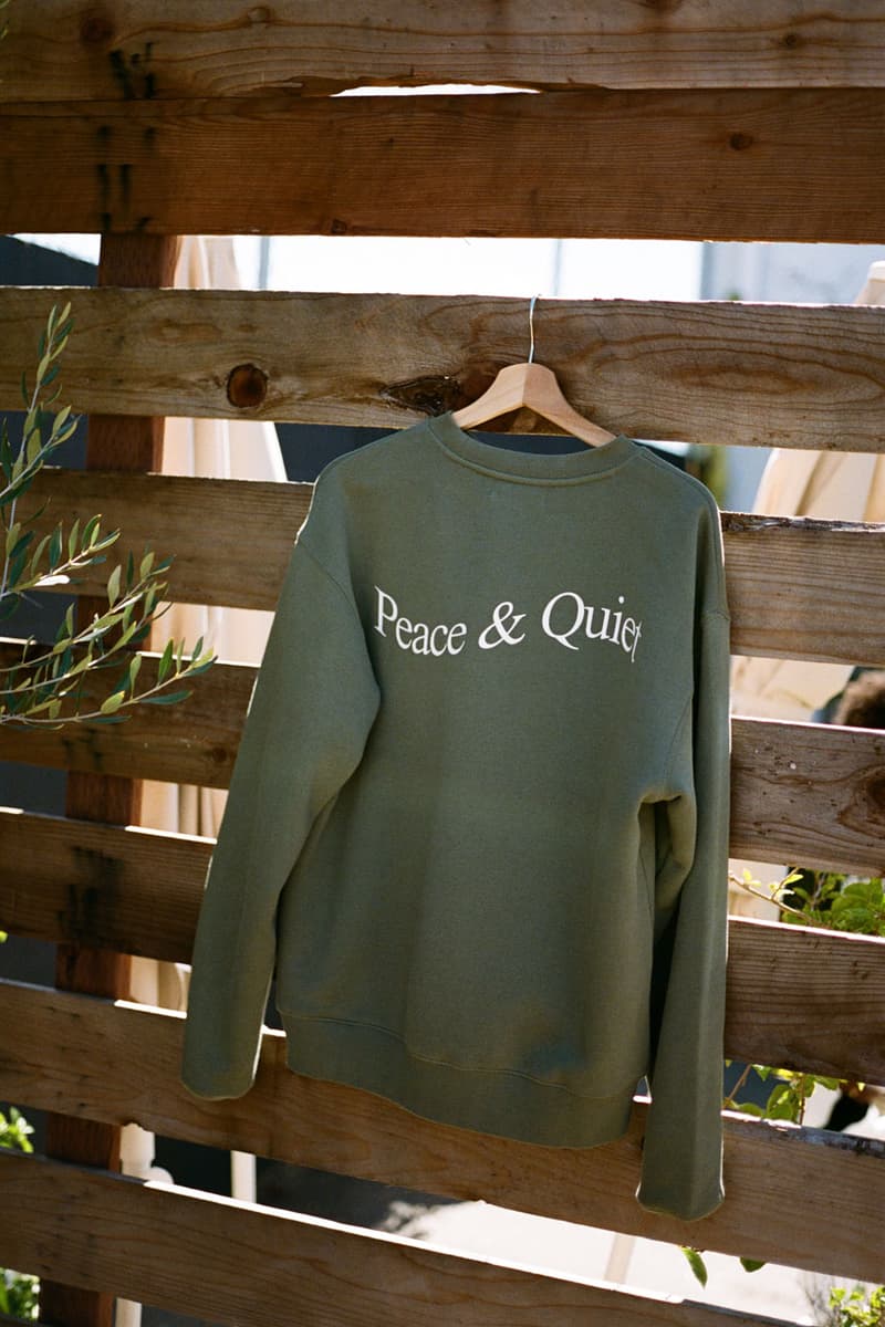 Museum of Peace & Quiet Prioritizes Wellness in First SS24 Drop collection capsule spring summer 2024 release link delivery price website hbx and hoodie crewneck sweatpants graphic mind body loungewear sleep set tracksuit green blue peace candle home goods ashtray tote bag