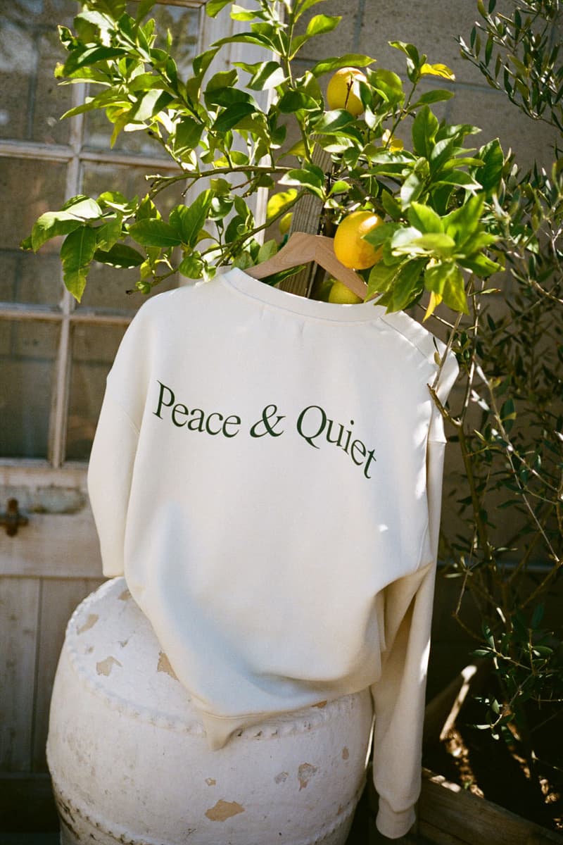 Museum of Peace & Quiet Prioritizes Wellness in First SS24 Drop collection capsule spring summer 2024 release link delivery price website hbx and hoodie crewneck sweatpants graphic mind body loungewear sleep set tracksuit green blue peace candle home goods ashtray tote bag