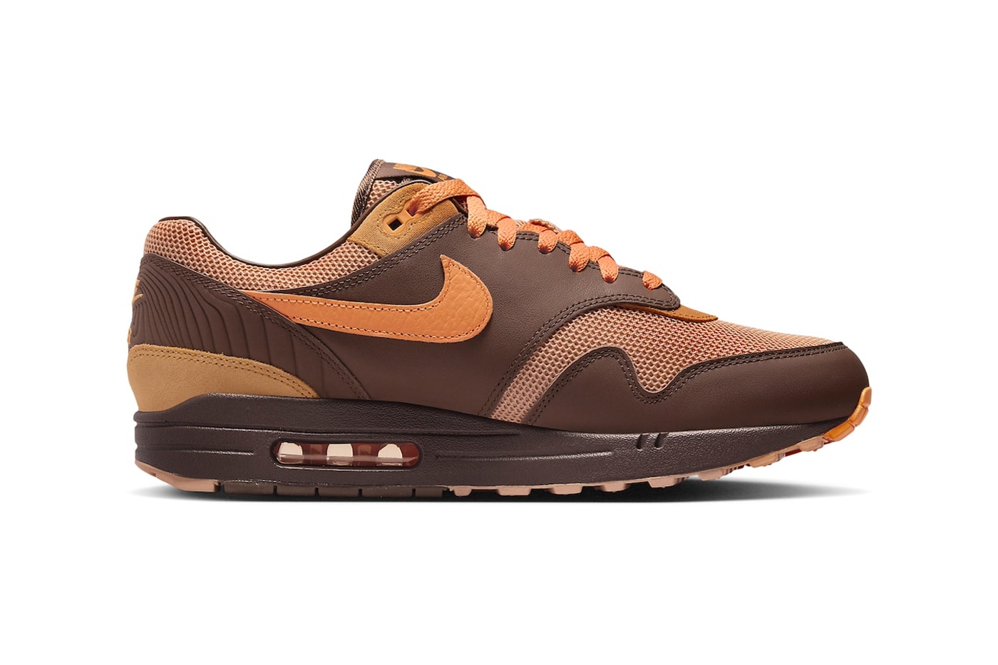 Official Look at the Nike Air Max 1 "King's Day" Cacao Wow/Bright Mandarin-Amber Brown-Monarch-Earth HF7346-200 release info spring 2024 swoosh