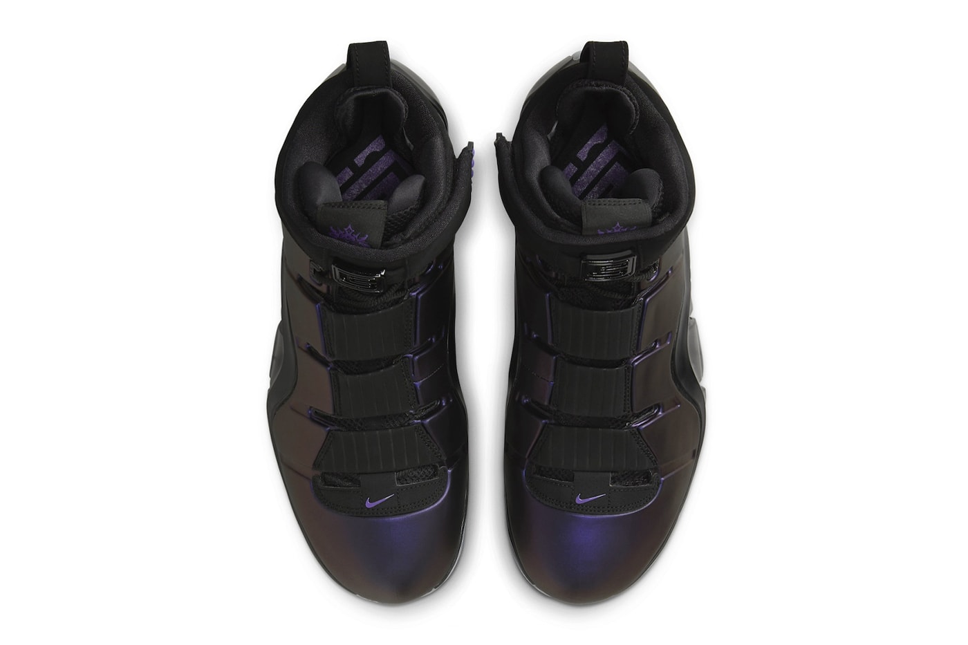 Официальный взгляд на кроссовки Nike LeBron 4 «Bagplant» Black/Varsity Purple-Blue Tint FN6251-001 Леброн Джеймс Кинг Джеймс Лос-Анджелес Лейкерс