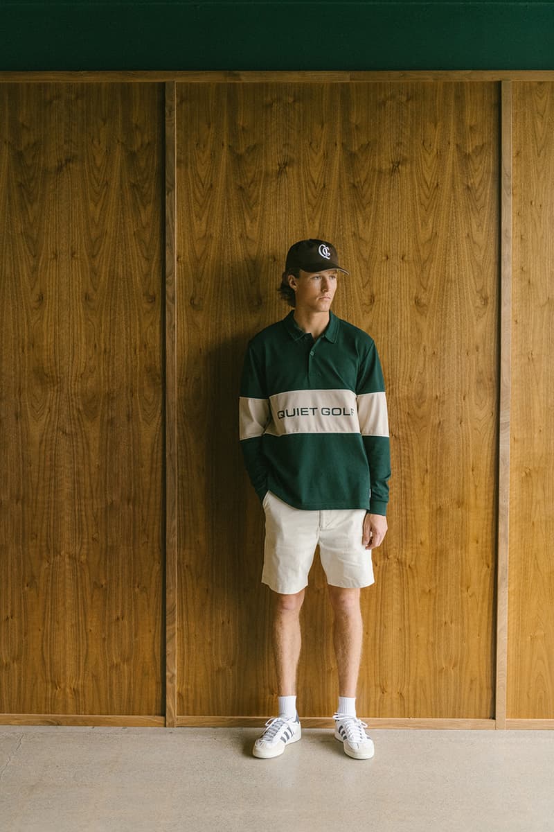 quiet golf spring 24 2024 collection polo t shirt pants shorts hat sweater vest knit monogram logo green yellow white navy beige