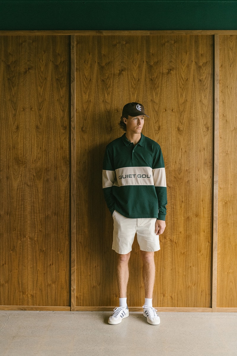 quiet golf spring 24 2024 collection polo t shirt pants shorts hat sweater vest knit monogram logo green yellow white navy beige