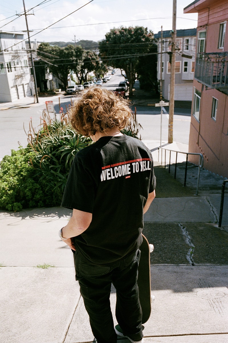 Supreme x Toy Machine Spring 2024 Collaboration t-shirts hoodies Mike Vallely skateboarder Huntington Beach, California Ed Templeton welcome to hell Thomas, Brian Anderson, Elissa Steamer, Donny Barley, Mike Maldonado and Chad Musk sweater work pants