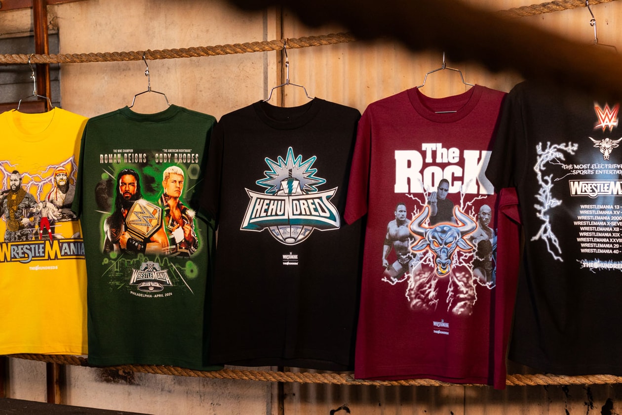 The Hundreds Joins Forces With WWE for Wrestlemania XL world wrestling entertainment merch apparel capsule collection release price link tribute icons the rock cody rhodes roman reigns Hulk Hogan and Mr. T.