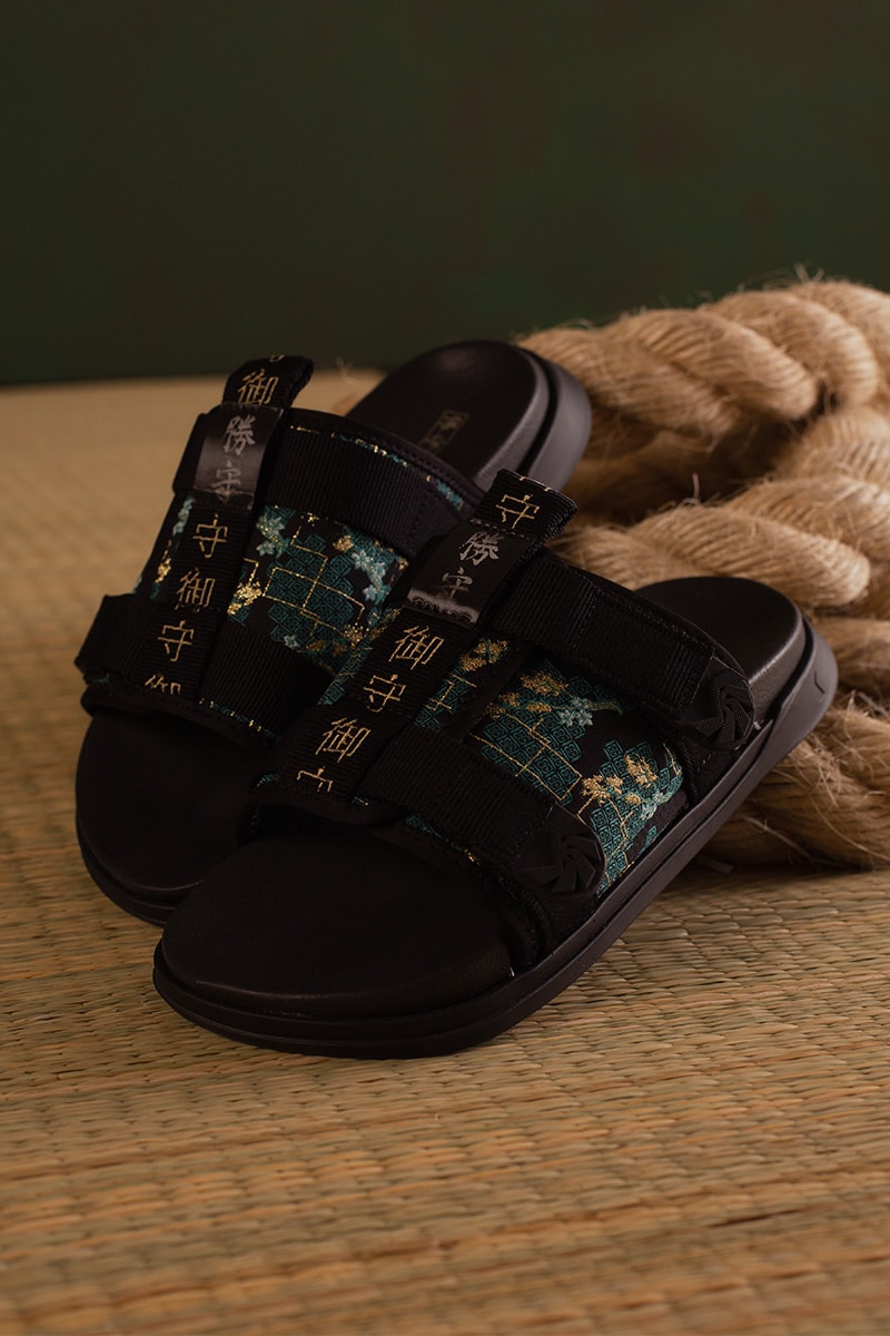 rider your id footwear collaboration slides amulet motif black beige