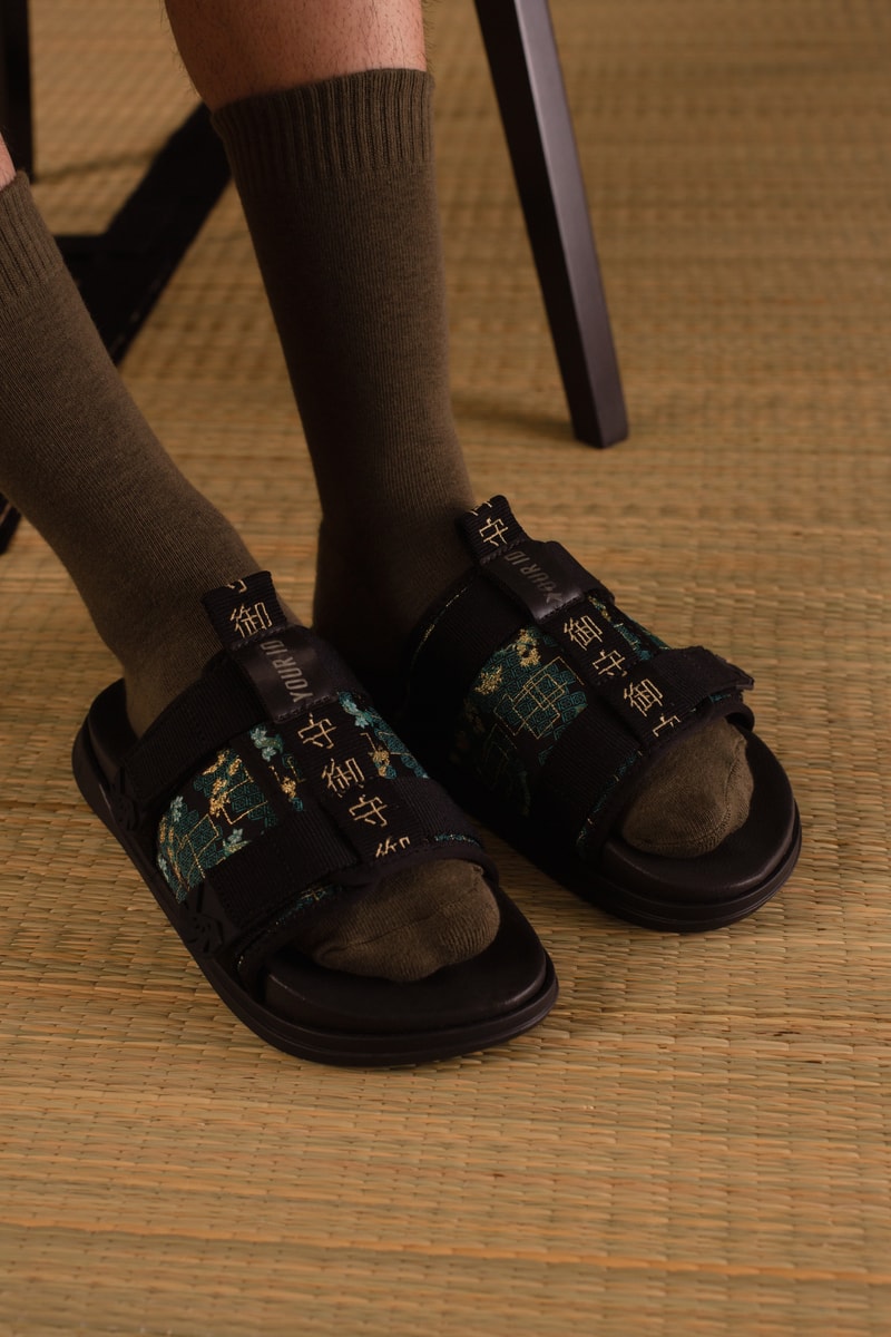 rider your id footwear collaboration slides amulet motif black beige