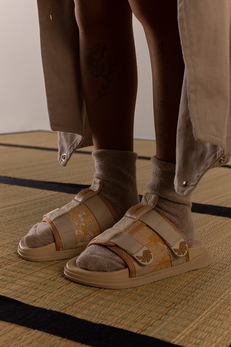 rider your id footwear collaboration slides amulet motif black beige
