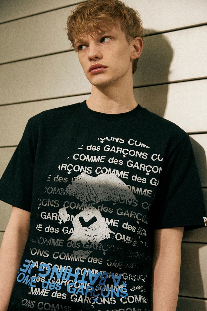 BAPE x COMME des GARÇONS Unveils Spring/Summer 2024 Collection collab streetwear fashion release price link webstore website osaka japan hoodie t shirt workwear stripe shorts pants a bathing ape cdg play homme