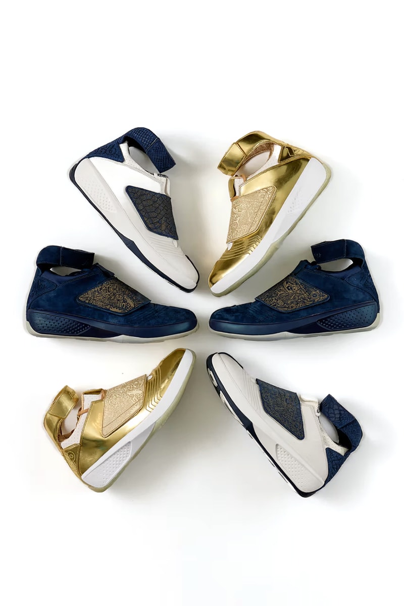 Drake Air Jordan 20 PE Set Info release date pics photos images gold navy