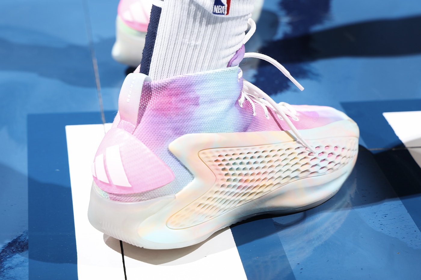 Anthony Edwards Debuts Vibrant adidas AE1 "3Stripes Select Basketball" PE Colorway tie-dye pattern crayola 3ssb athletes