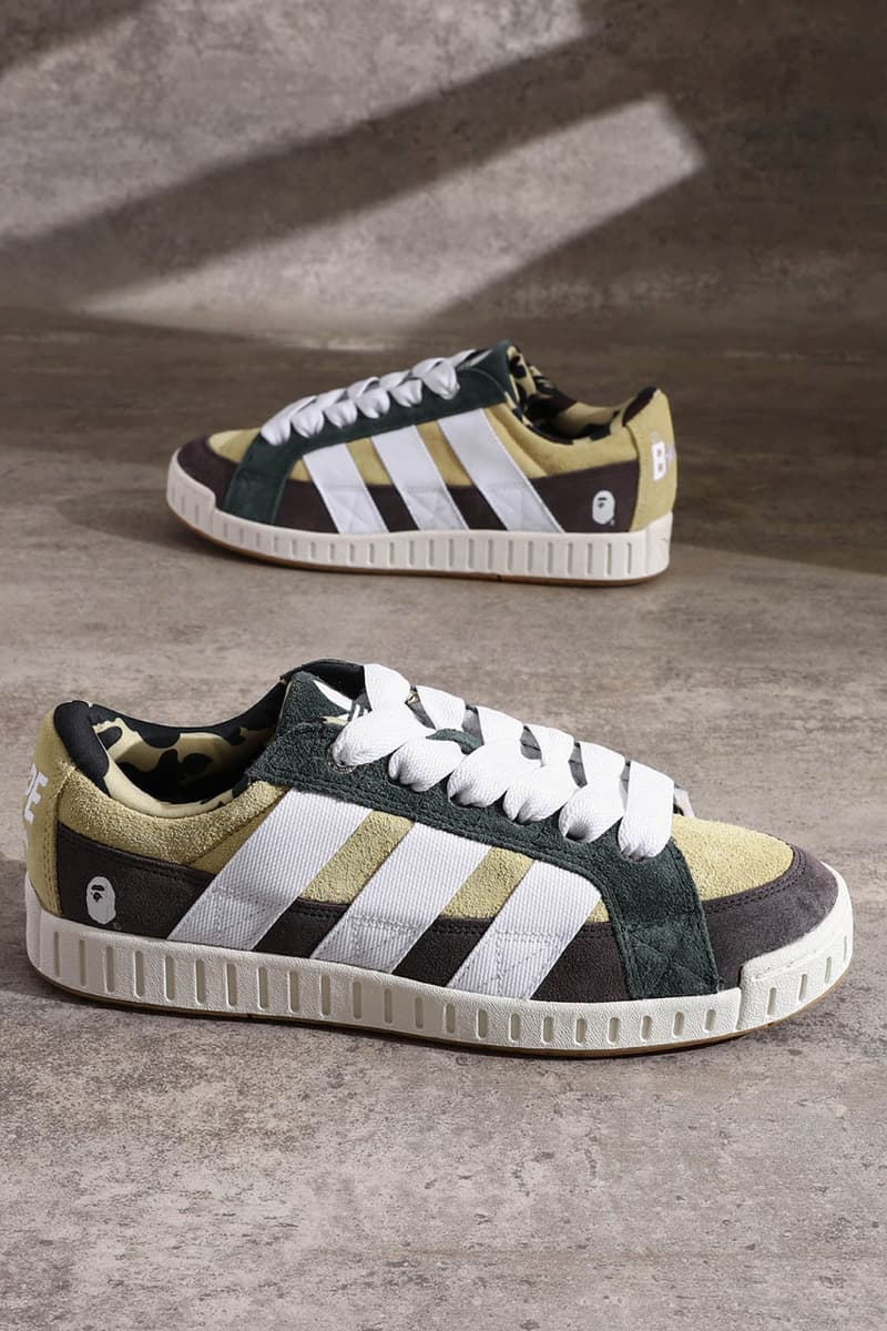 bape adidas partnership collaboration shadow sand green design 90s norton skate sneaker shoe details april 20 launch preview