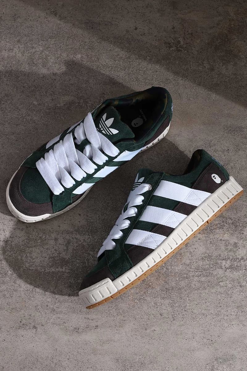 bape adidas partnership collaboration shadow sand green design 90s norton skate sneaker shoe details april 20 launch preview