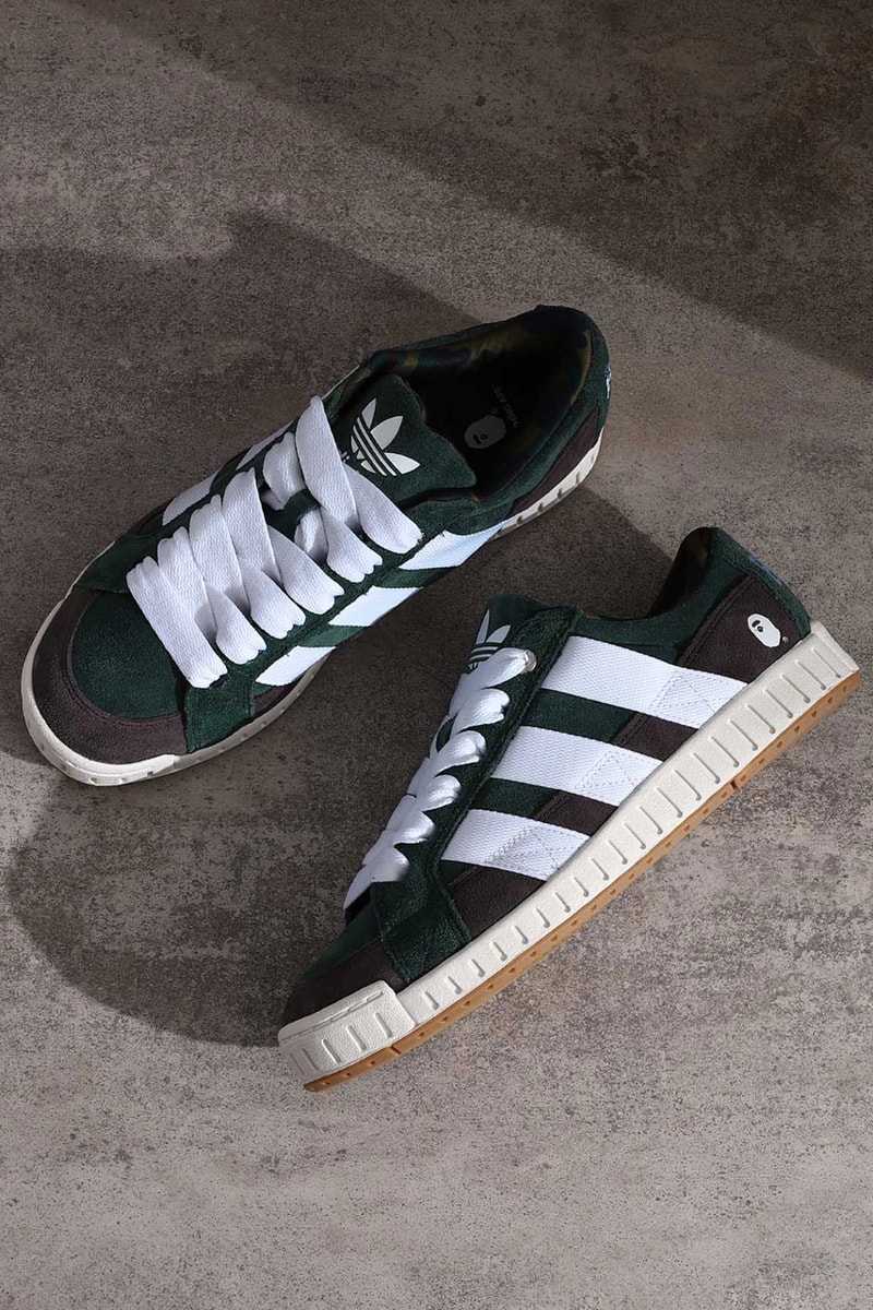 bape adidas partnership collaboration shadow sand green design 90s norton skate sneaker shoe details april 20 launch preview