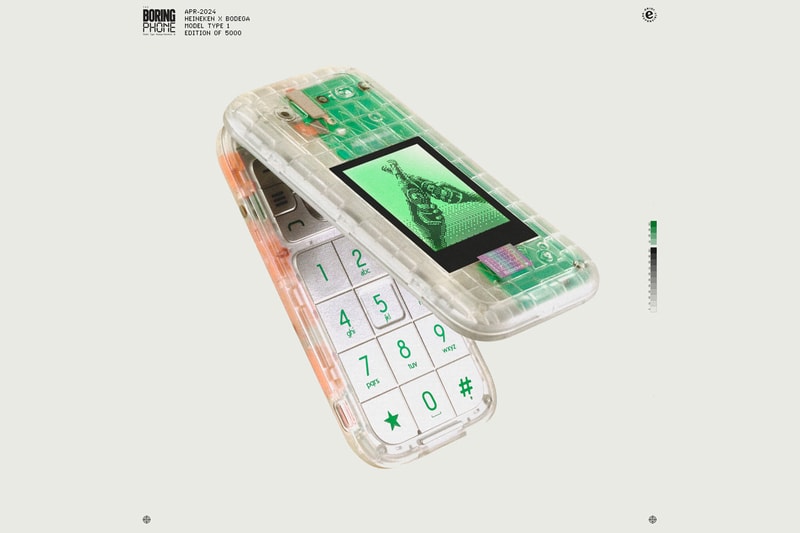 The Boring Phone — Heineken × Bodega, Milan Design Week 2024. Foto via Hypebeast. Fliphone transparente da Heineken e Bodega