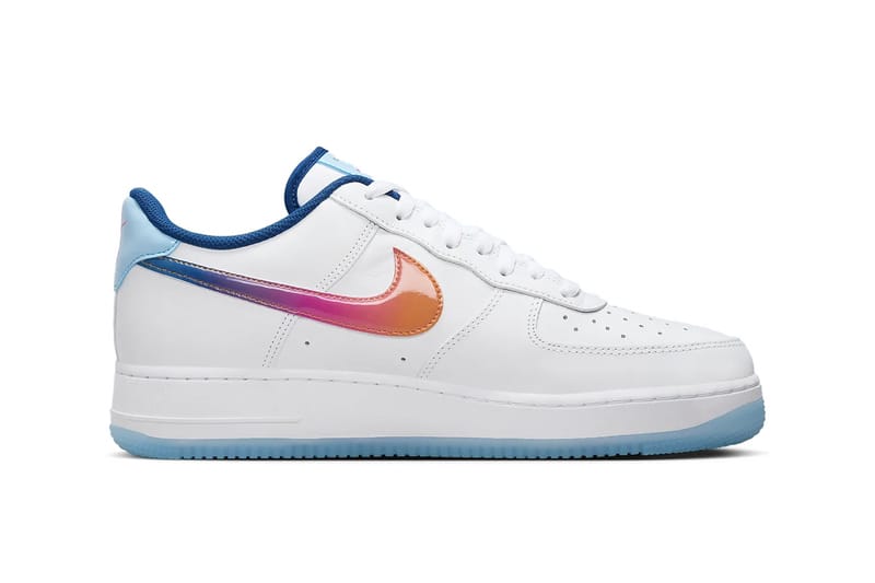 white air forces with pink and blue nike sign
