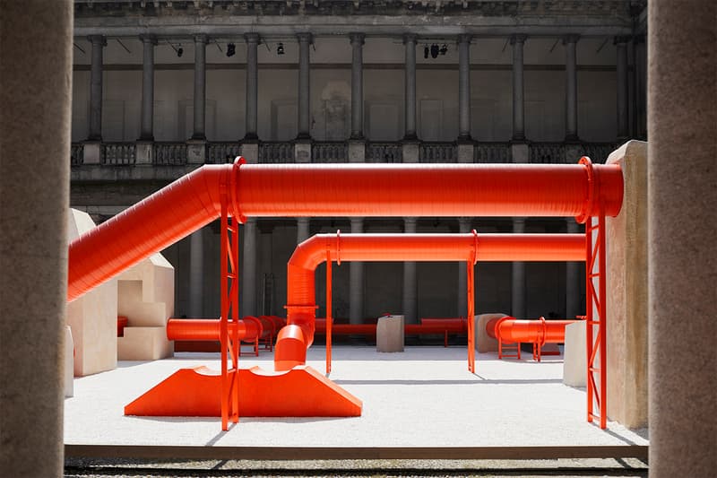 Samuel Ross Creates a Brutalist-Inspired Maze of Orange Pipes Inside an Italian Palazzo 